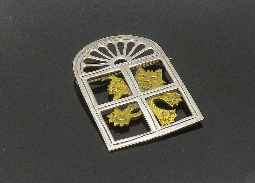MEXICO 925 Sterling Silver  Vintage Two Tone Cat In Window Brooch Pin  BP8362