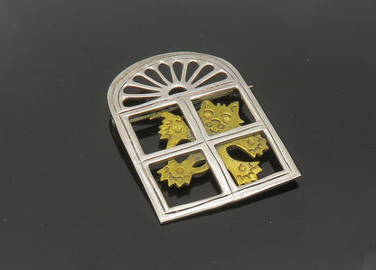 MEXICO 925 Sterling Silver  Vintage Two Tone Cat In Window Brooch Pin  BP8362
