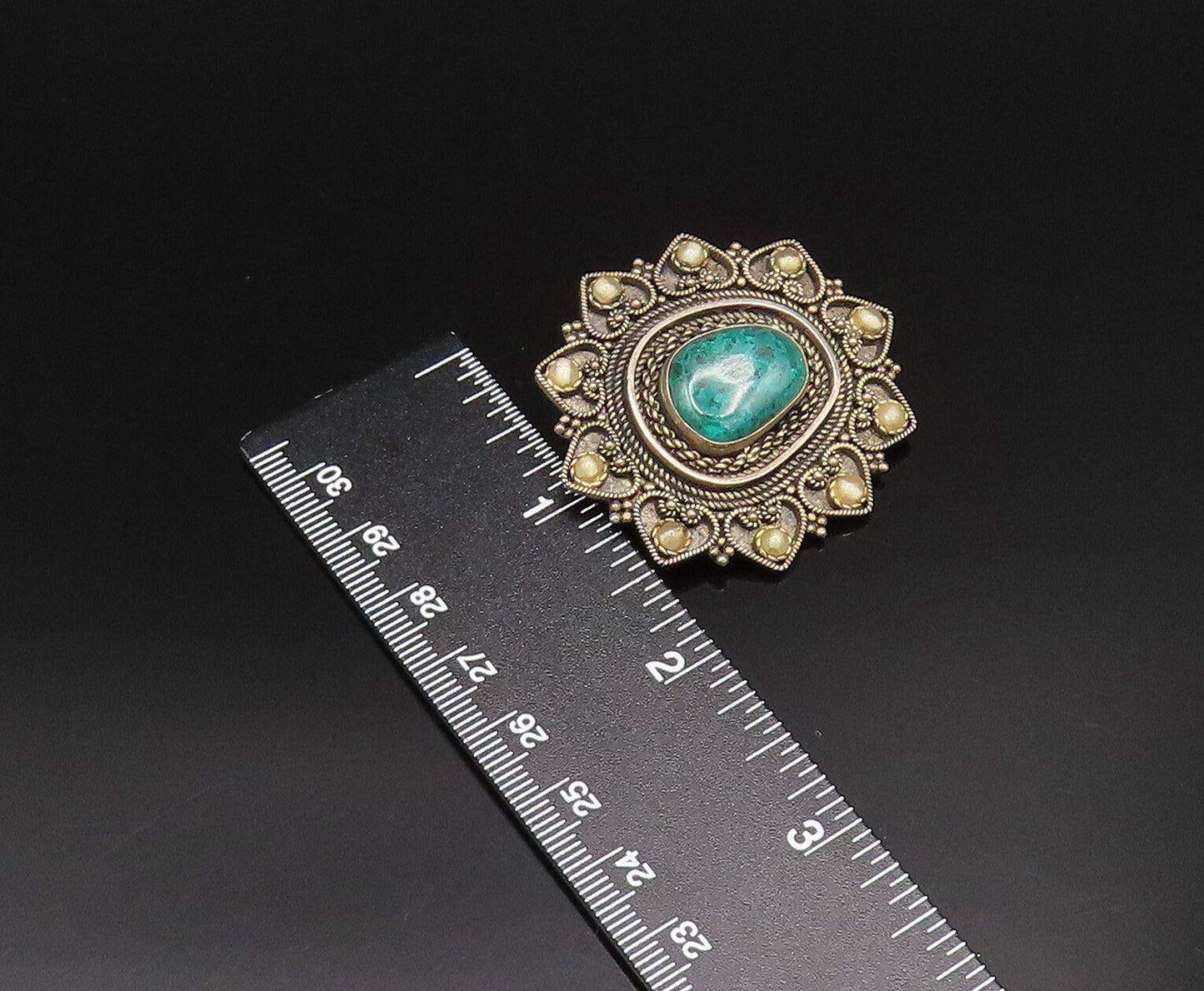 ISRAEL 925 Silver  Vintage Beaded & Twisted Rope Chrysocolla Brooch Pin BP9933