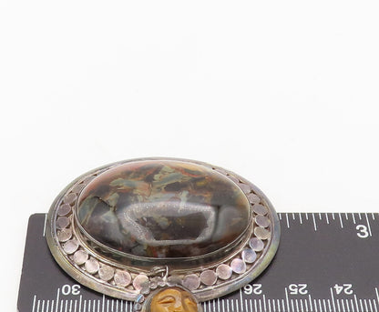 SAJEN 925 Silver  Vintage Jasper Dangling Carved Face Heavy Brooch Pin BP10468