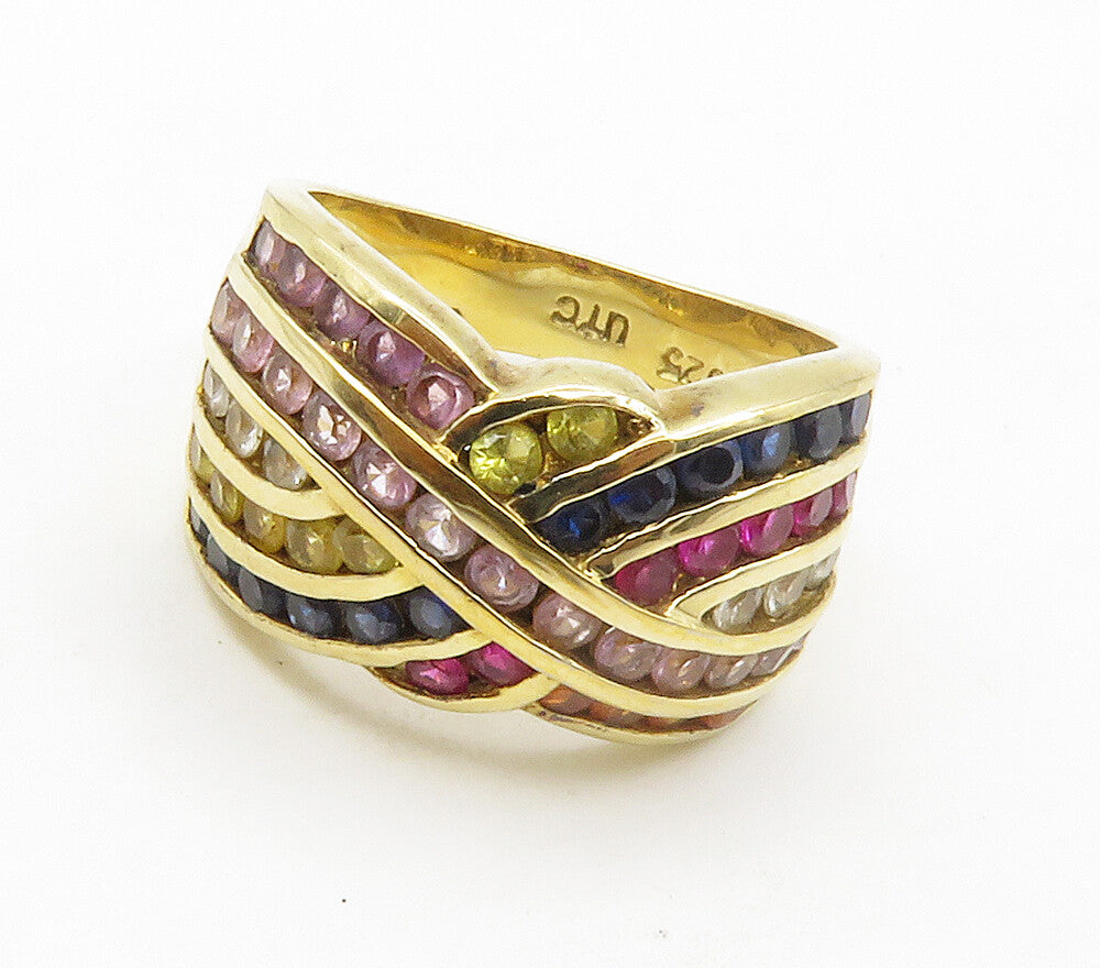 925 Sterling Silver Multi Color Topaz Gold Plated Band Ring Sz 7 RG15161