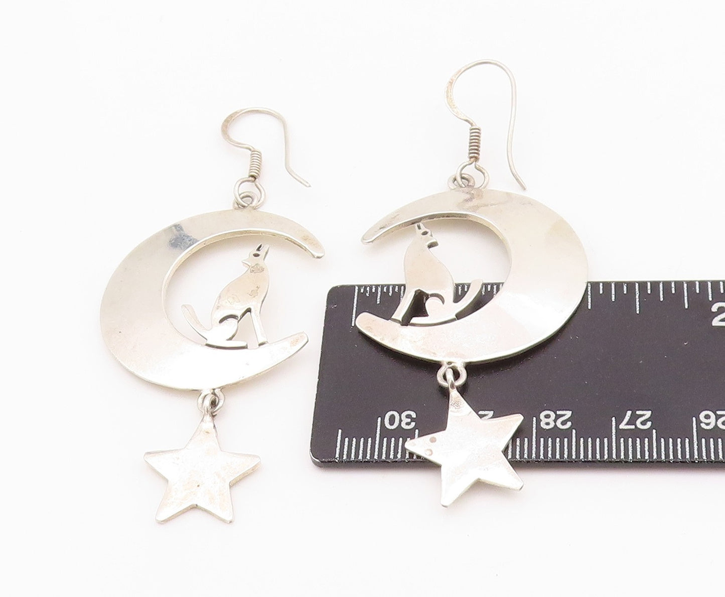 925 Sterling Silver Vintage Earrings MEXICO Howling Wolf On Moon & Star  EG13629