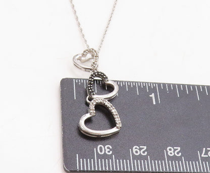 925 Silver  Genuine Black & White Diamonds Love Hearts Chain Necklace  NE2059