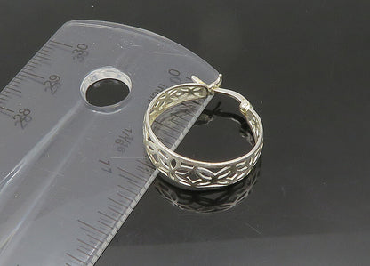 925 Sterling Silver  Vintage Shiny Floral Cutout Round Hoop Earrings  EG10742