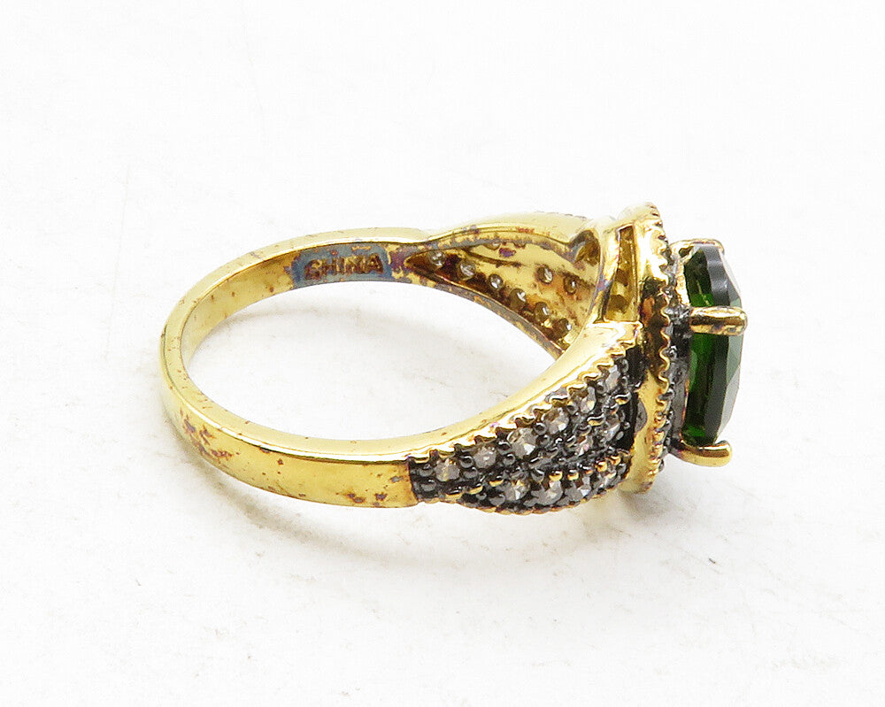 925 Sterling Silver  Vintage Genuine Diamonds & Peridot Band Ring Sz 6 RG12512