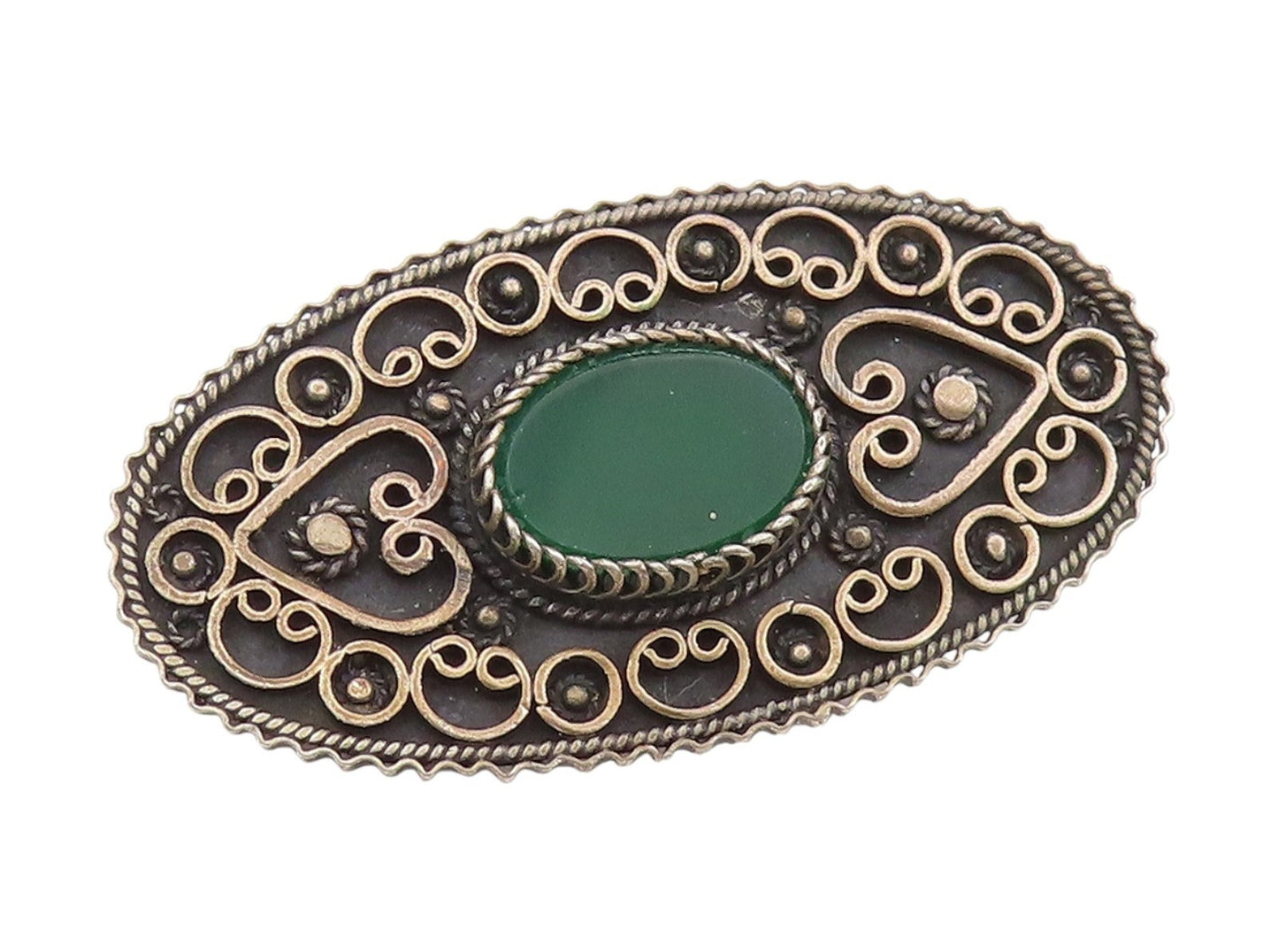 925 Sterling Silver Vintage Brooch ISRAEL Green Onyx Intricate Knotwork  BP12077