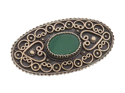 925 Sterling Silver Vintage Brooch ISRAEL Green Onyx Intricate Knotwork  BP12077