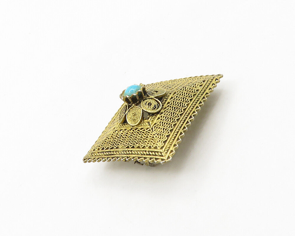 925 Sterling Silver  Vintage Turquoise Floral Design Square Brooch Pin  BP7486