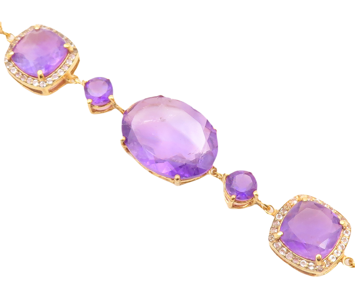 925 Sterling Silver Vintage Bracelet Gold Plated Multi Shape Amethyst CZ BT10840
