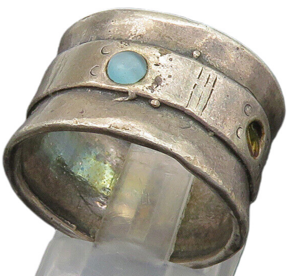 ISRAEL 925 Silver   Vintage Blue Cat's Eye Stone Band Ring Sz 8.5  RG23021