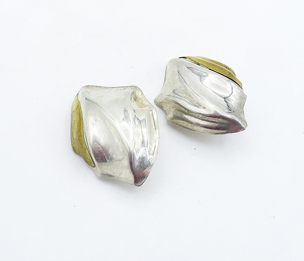 MEXICO 925 Sterling Silver  Vintage 2 Tone Hollow Non Pierce Earrings  EG2808