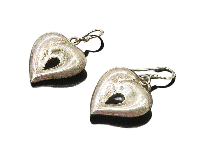 925 Sterling Silver  Vintage Smooth Open Love Heart Dangle Earrings  EG8843