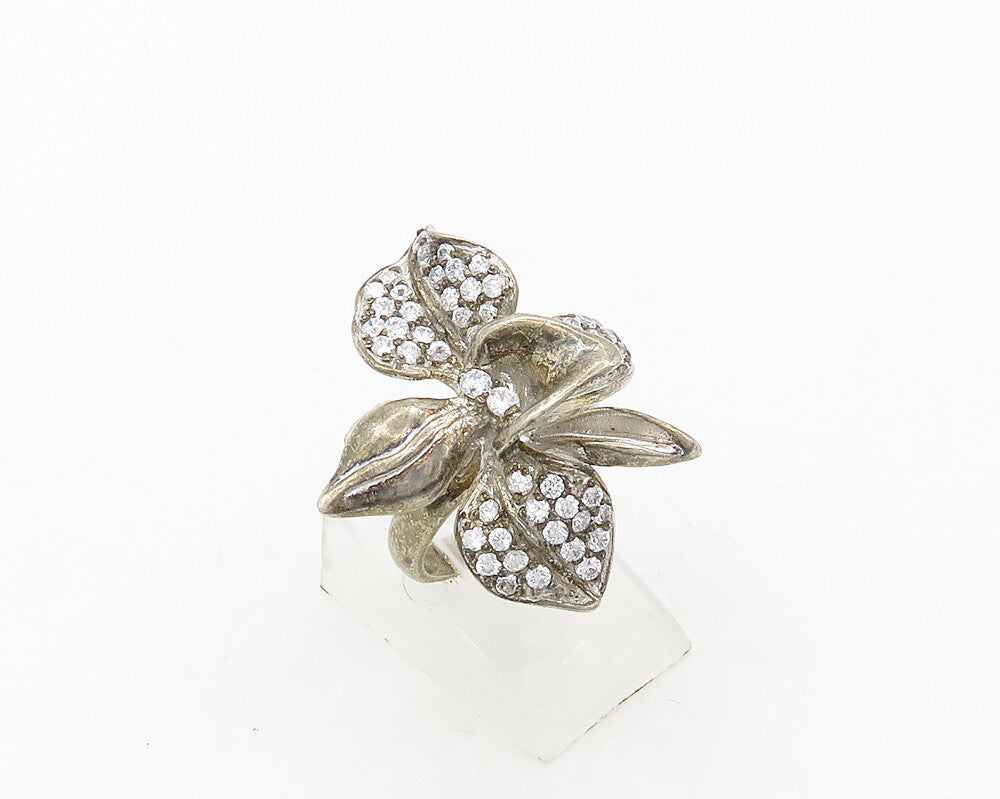 925 Silver  Vintage Cubic Zirconia Flower Motif Cocktail Ring Sz 4.5  RG19842