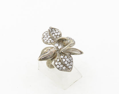 925 Silver  Vintage Cubic Zirconia Flower Motif Cocktail Ring Sz 4.5  RG19842