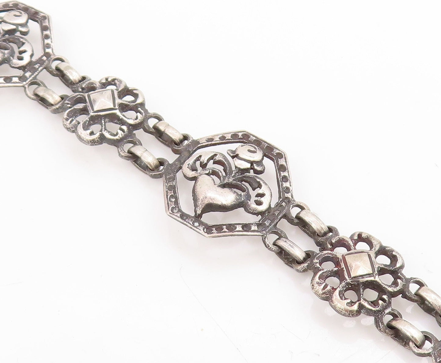 925 Sterling Silver Vintage Bracelet EUROPE Openwork Floral Love Heart  BT11736