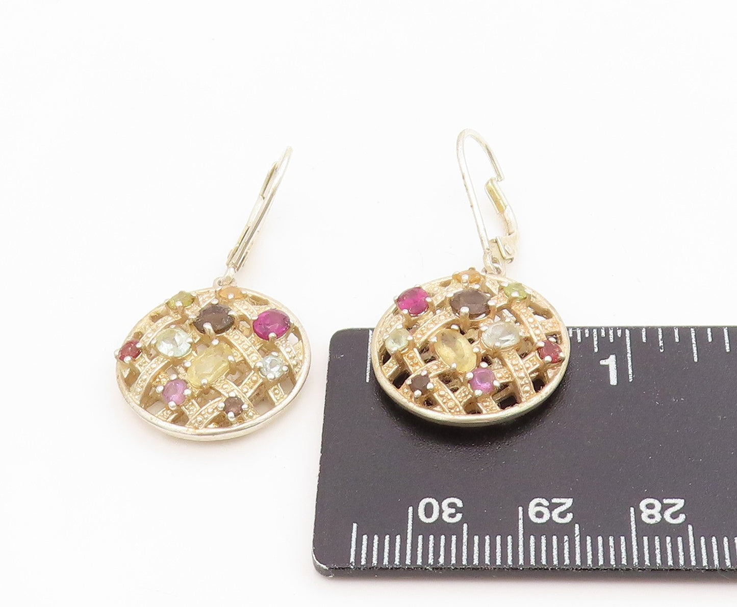 925 Sterling Silver Vintage Earrings Multi Gemstone Waffle Pattern Drop  EG13918