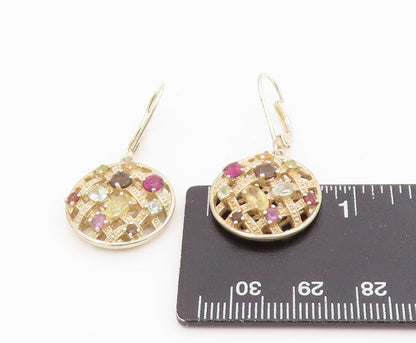 925 Sterling Silver Vintage Earrings Multi Gemstone Waffle Pattern Drop  EG13918