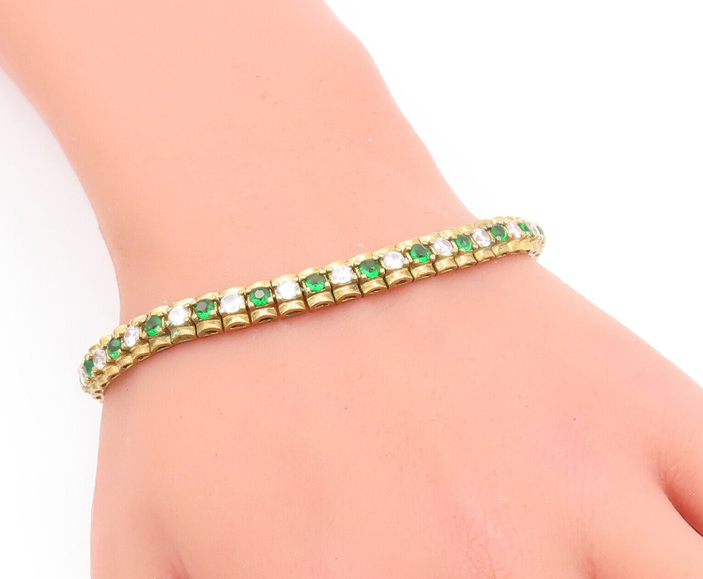 925 Sterling Silver Vintage Bracelet Gold Plated Green & White CZ  BT10623