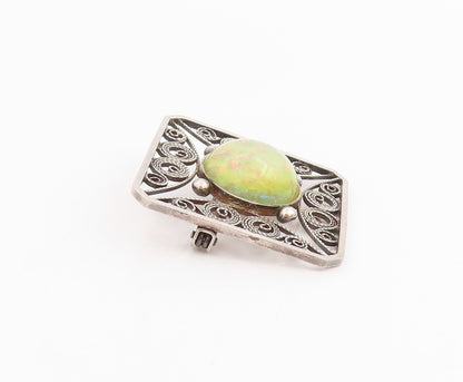 925 Sterling Silver Vintage Brooch Round Cabochon Gemstone Filigree Pin  BP11997