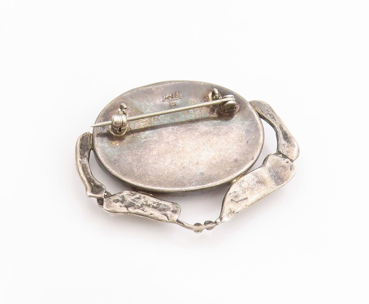 925 Sterling Silver Vintage Brooch Cabochon Hematite Pewter Dish Design  BP11850
