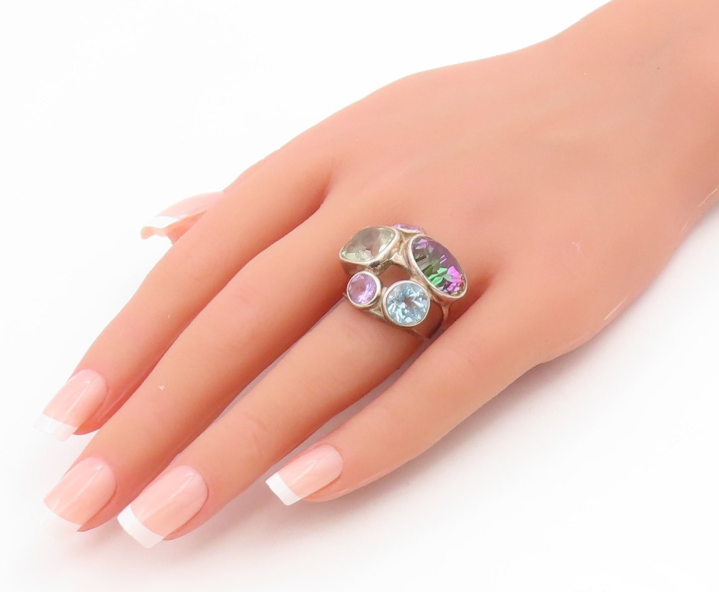 925 Sterling Silver Vintage Ring Bezel Set Multi Gemstone Cluster Sz 6.5 RG34926