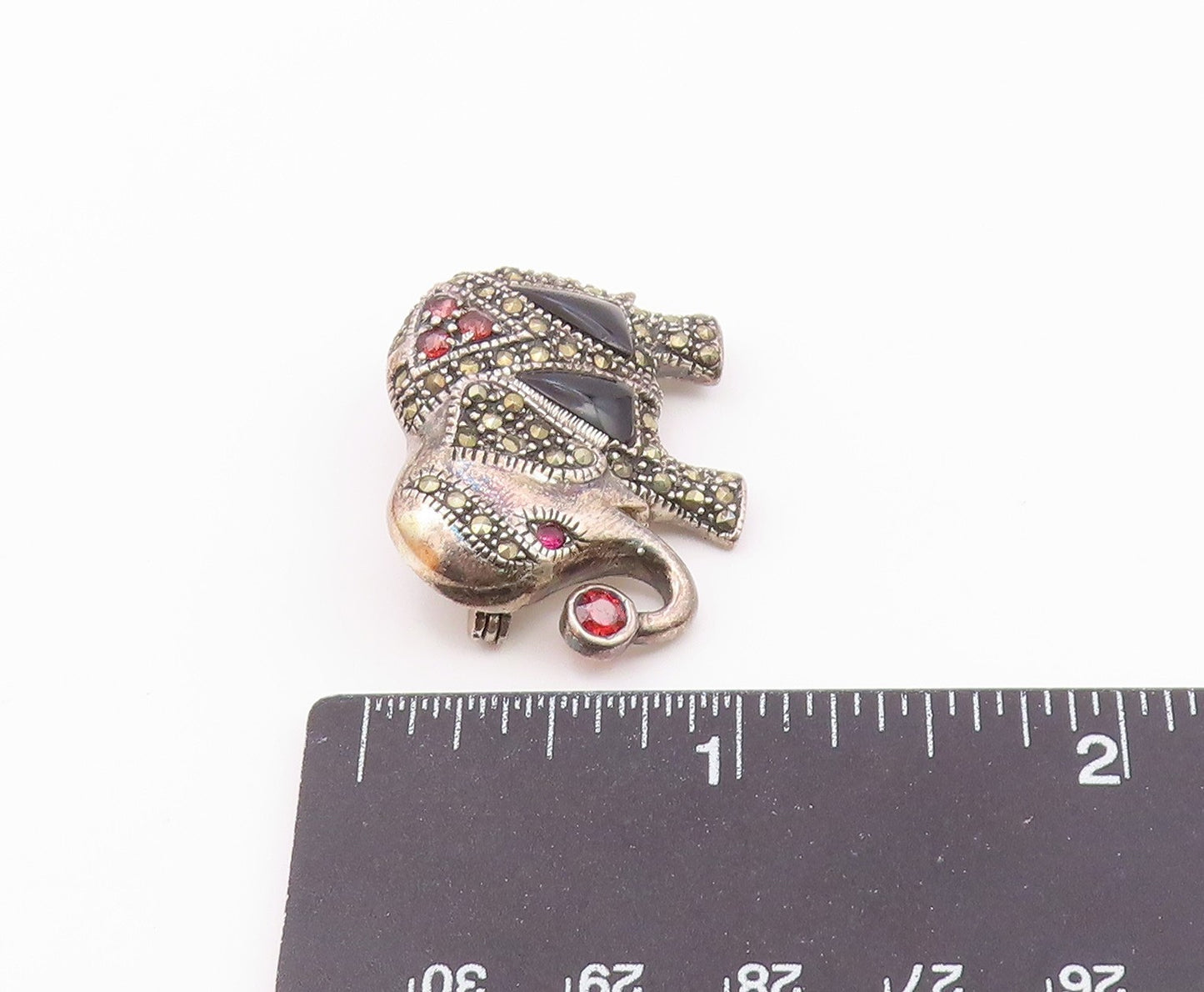925 Silver  Vintage Spinel Onyx & Multi Stone Elephant Brooch Pin  BP9578