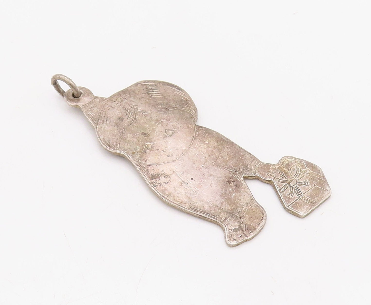 925 Sterling Silver Vintage Pendant LUNT Kid Picking Up Christmas Gift  PT23541