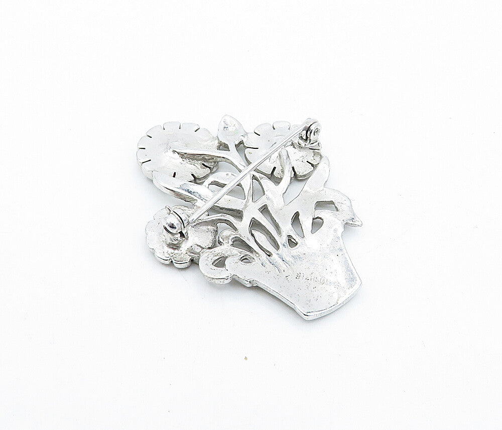 925 Sterling Silver  Vintage Sparkling Flower Pot Motif Brooch Pin  BP1106