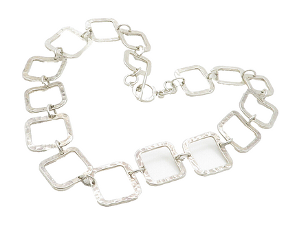 925 Sterling Silver  Vintage Shiny Hammered Open Square Chain Necklace  NE2394