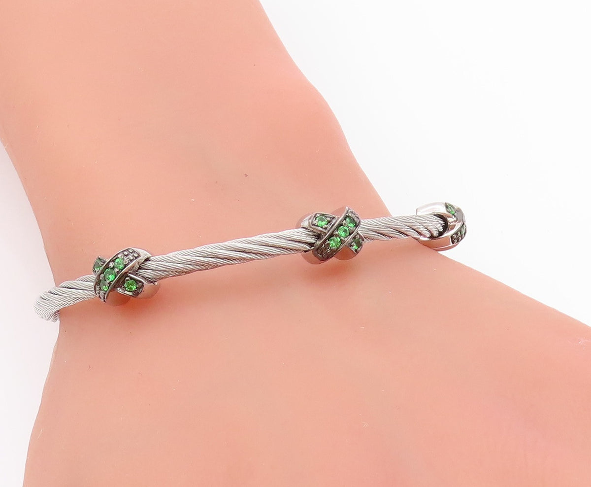 925 Sterling Silver Vintage Bracelet Roped Green CZ Inlay X Bangle  BT11300