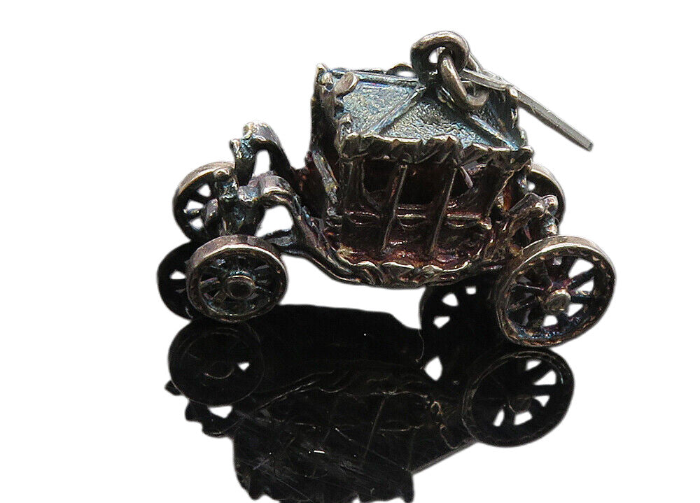 925 Sterling Silver  Vintage Dark Tone Old Fashioned Carriage Pendant  PT7895