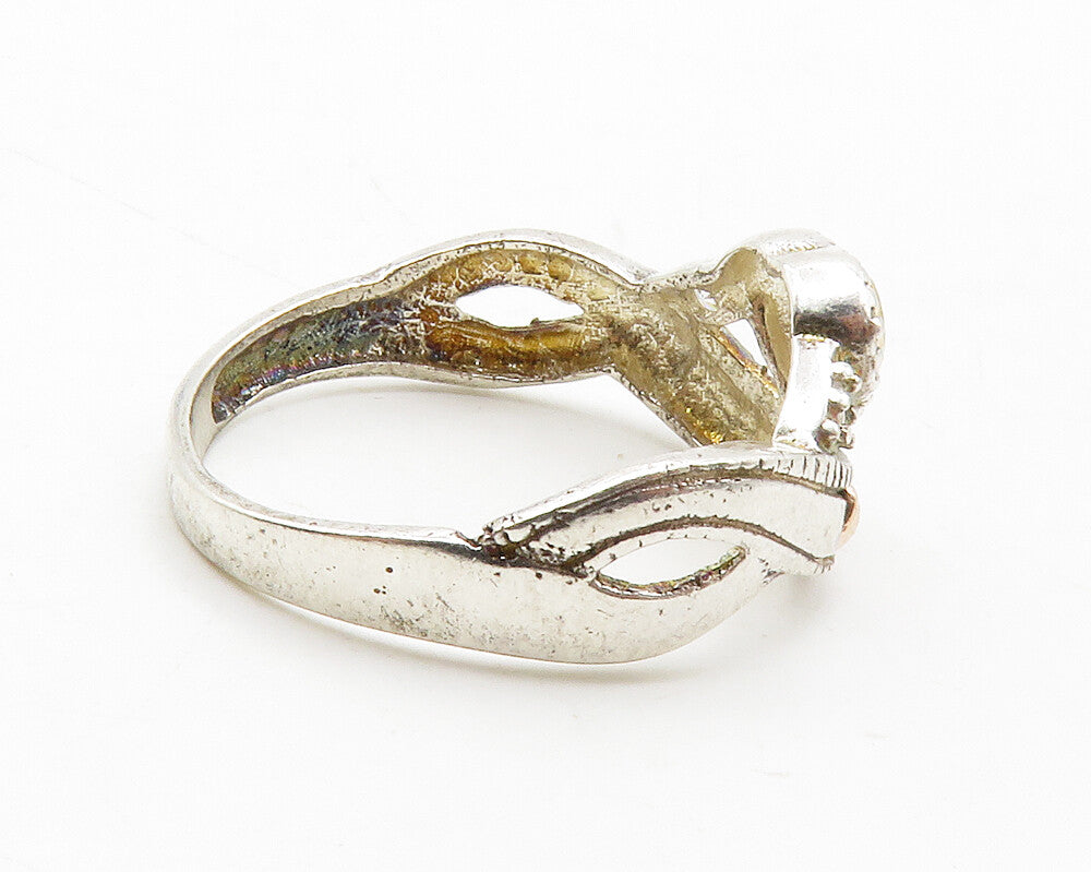 925 Silver & 14K Gold   Vintage Topaz Love Heart Band Ring Sz 7.5  RG13740