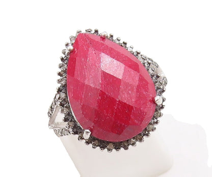 925 Sterling Silver Vintage Ring Drop Cut Red Gemstone Halo Topaz Sz 8  RG30969