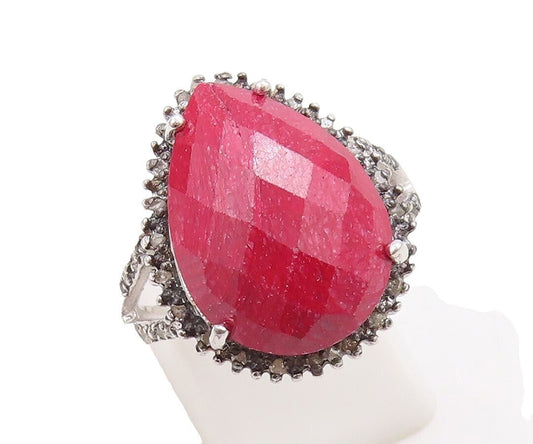 925 Sterling Silver Vintage Ring Drop Cut Red Gemstone Halo Topaz Sz 8  RG30969