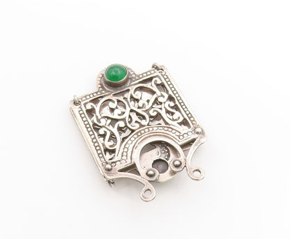 925 Sterling Silver Vintage Pendant Green Gemstone Long Floral Cut Out  PT25049