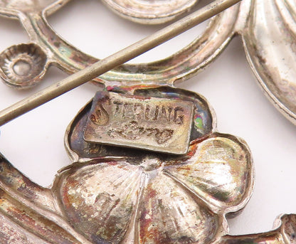 LANG 925 Silver  Vintage Dark Tone Floral Swirl Vine Round Brooch Pin  BP5505