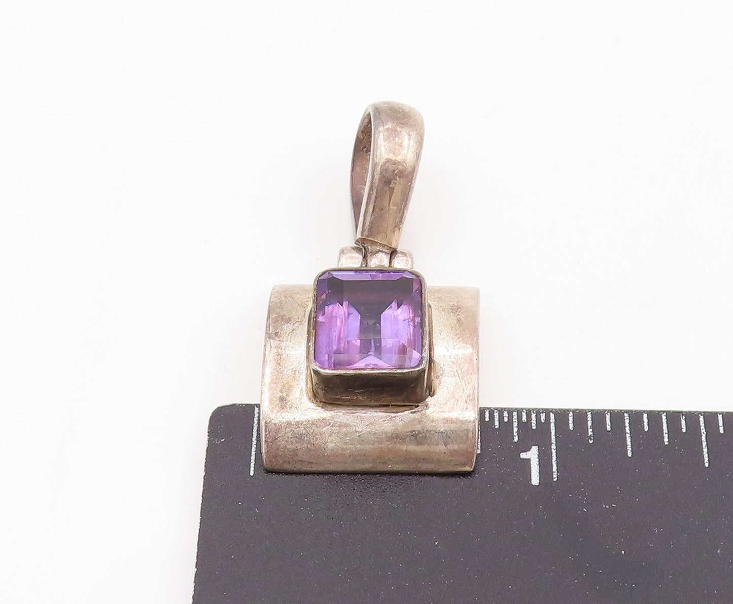 925 Sterling Silver Vintage Pendant Purple Amethyst Geometric Charm  PT25533