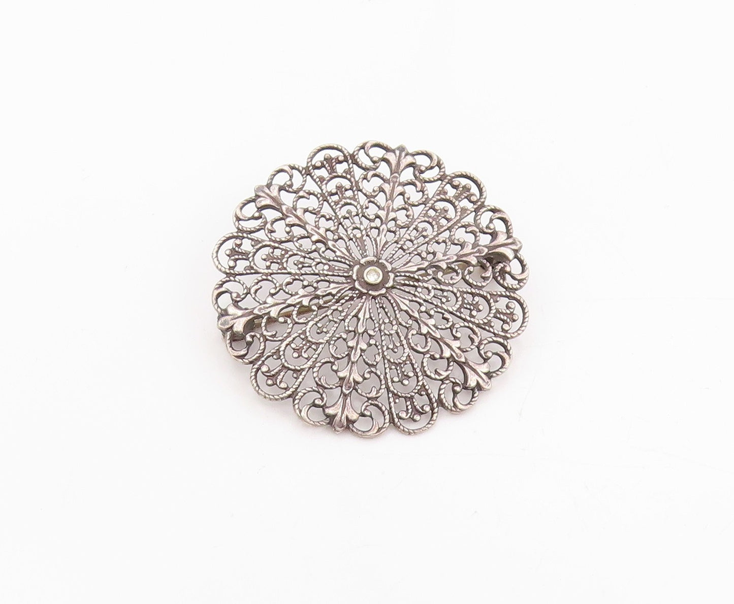 925 Sterling Silver Vintage Brooch Pin Topaz Intricate Floral Filigree  BP12384
