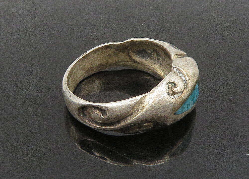 SOUTHWESTERN 925 Silver Vintage Turquoise Swirl Dome Band Ring Sz 6 RG23023