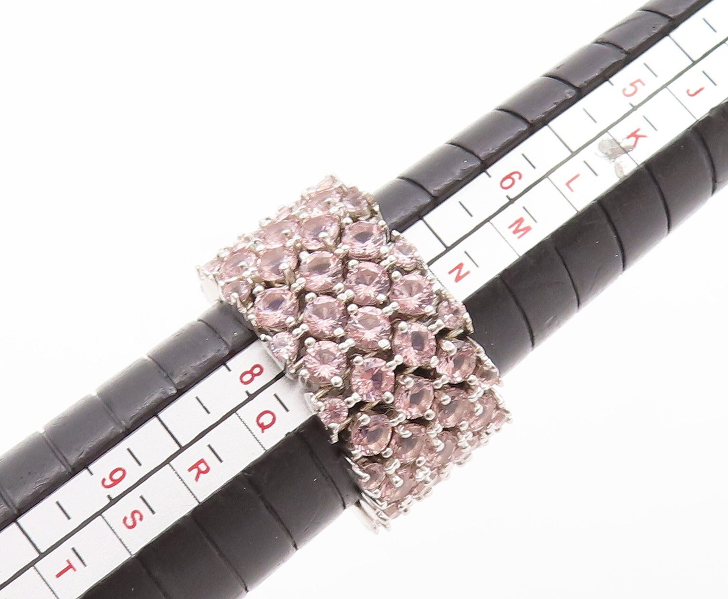 925 Sterling Silver Vintage Ring Pink Gemstones Inlay Broad Band  Sz 7.5 RG29484