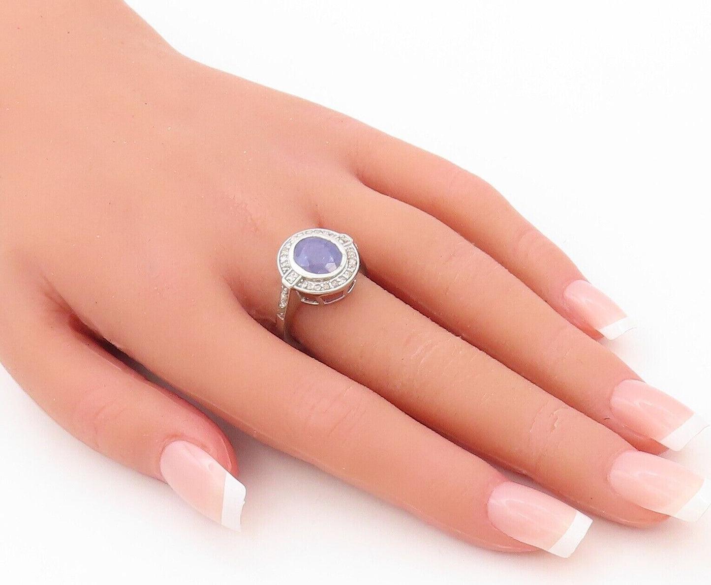925 Sterling Silver Vintage Ring Oval Tanzanite Halo Diamonds  Sz 7  RG30182