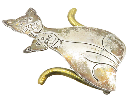 MEXICO 925 Sterling Silver  Vintage Two Tone Sitting Cats Brooch Pin  BP3657