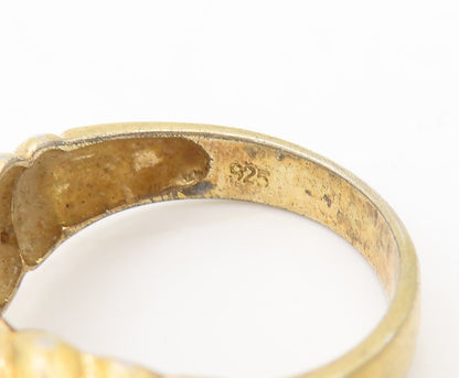 925 Sterling Silver Vintage Ring Gold Plate Carved CZ Love Heart Sz 6  RG27654