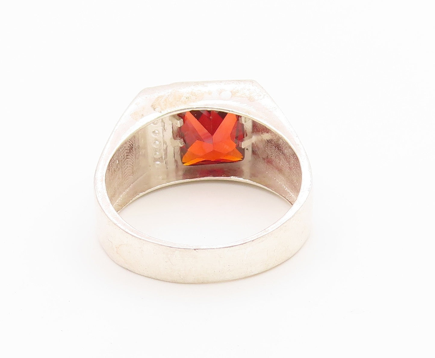 925 Sterling Silver Vintage Ring Garnet & CZ Geometric Signet  Sz 11.5  RG36525
