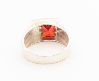 925 Sterling Silver Vintage Ring Garnet & CZ Geometric Signet  Sz 11.5  RG36525