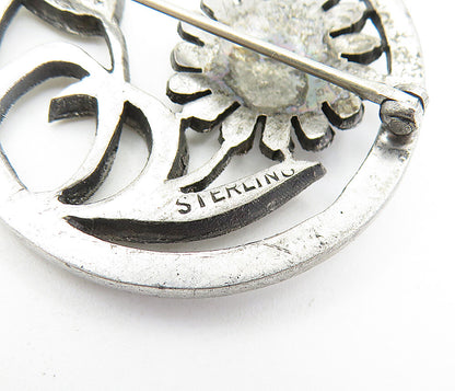 925 Sterling Silver  Vintage Sparkling Blooming Flowers Brooch Pin  BP2235