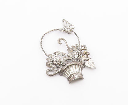 925 Sterling Silver  Vintage Flower Basket Twist Handle Brooch Pin  BP8291