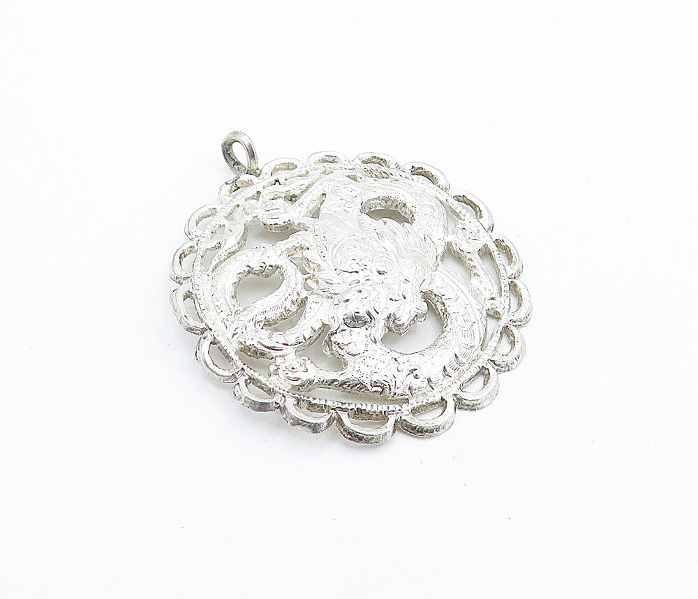 925 Sterling Silver  Vintage Shiny Floral Etched Wavy Border Pendant  PT4047