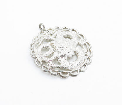 925 Sterling Silver  Vintage Shiny Floral Etched Wavy Border Pendant  PT4047