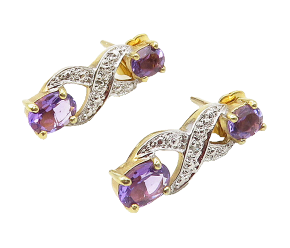 925 Sterling Silver  Amethyst & Genuine Diamonds Gold Plated Earrings  EG8871